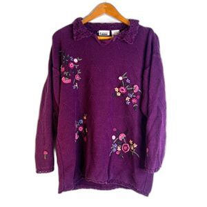 Capacity Vintage Purple Floral Embroidered Crochet Collar Granny Core Sweater MD